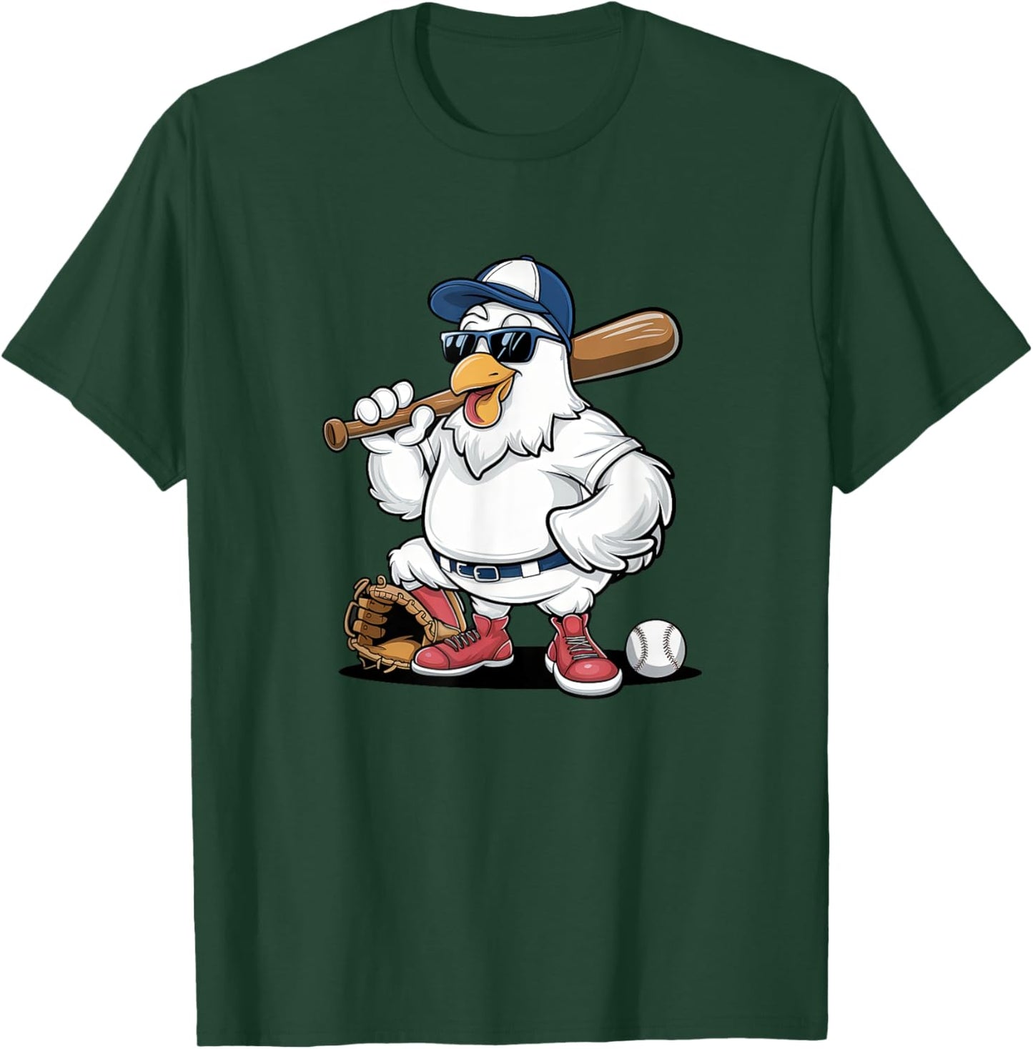 Baseball Playing Chicken Funny Sports Design T-Shirt - T-Shirt | Forest