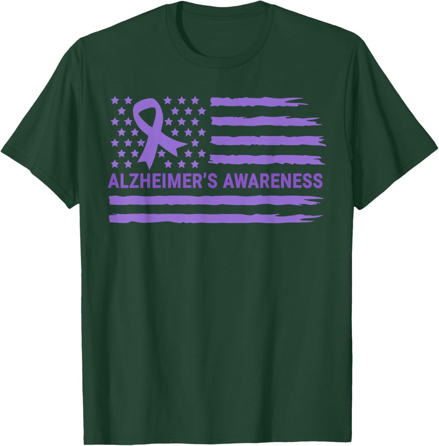 Alzheimer's Awareness Purple Ribbon American Flag Dementia T-Shirt - T-Shirt | Forest