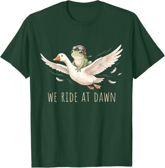 We Ride At Dawn Frog Riding Goose Chaotic Cool Funny Animal T-Shirt - T-Shirt | Forest