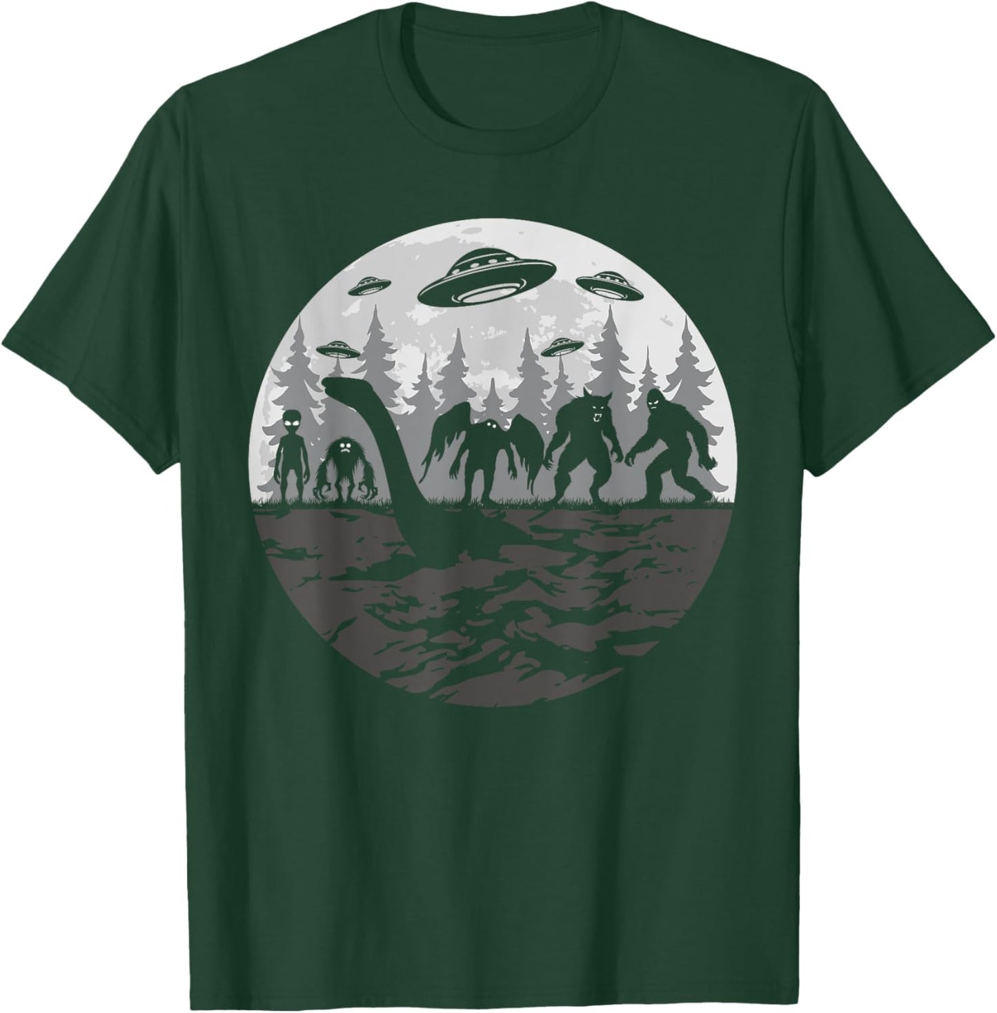 Bigfoot Loch Ness Monster With Mothman Aliens! Funny Cryptid T-Shirt - T-Shirt | Forest