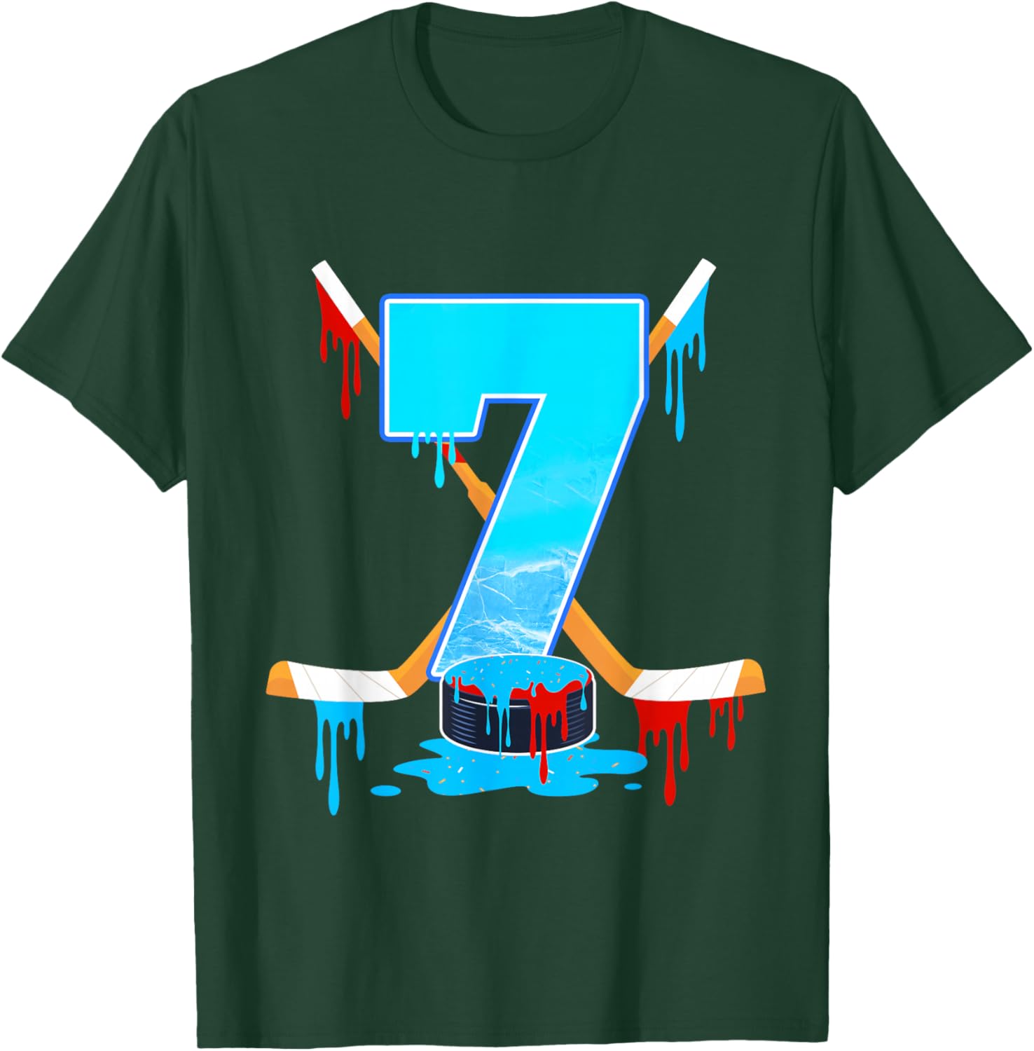 7 Year Old Boys 7th Birthday Ice Hockey Ice Cream Drip T-Shirt - T-Shirt | Forest