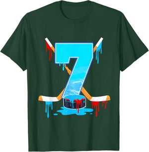 7 Year Old Boys 7th Birthday Ice Hockey Ice Cream Drip T-Shirt - T-Shirt | Forest