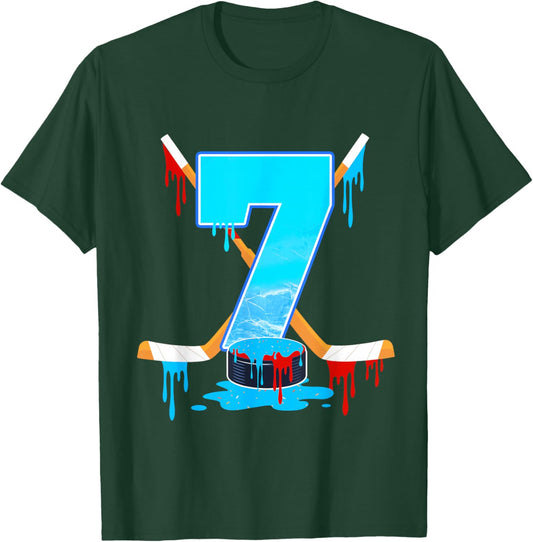 7 Year Old Boys 7th Birthday Ice Hockey Ice Cream Drip T-Shirt - T-Shirt | Forest