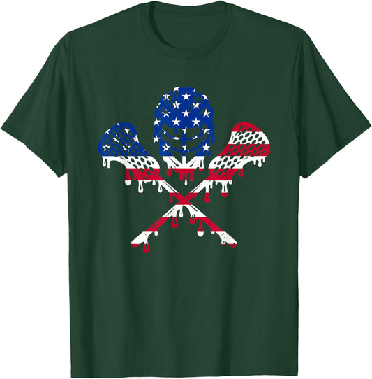 Cream Drip Lacrosse American Flag Lax Helmet Sticks 4th July T-Shirt - T-Shirt | Forest