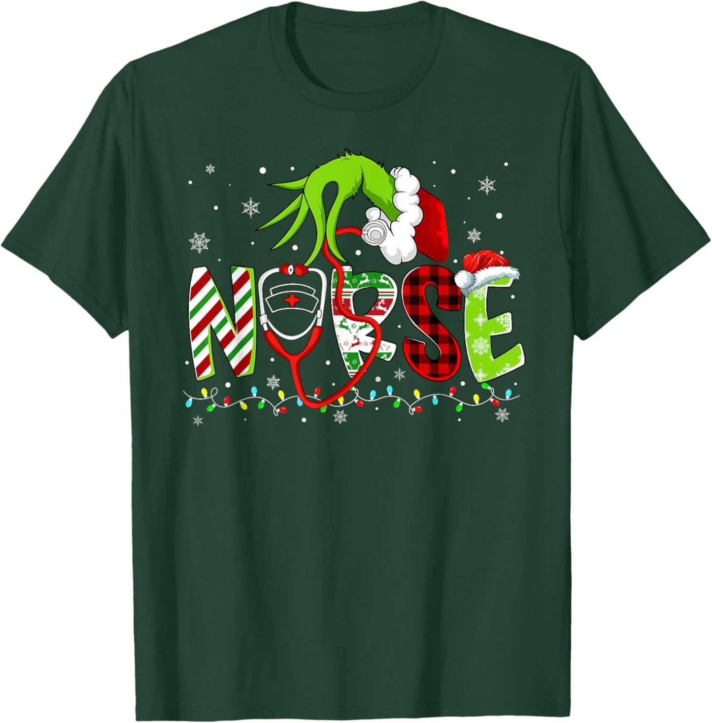 Nurse Funny Merry Christmas Stethoscope Lights Xmas Pajamas T-Shirt - T-Shirt | Forest