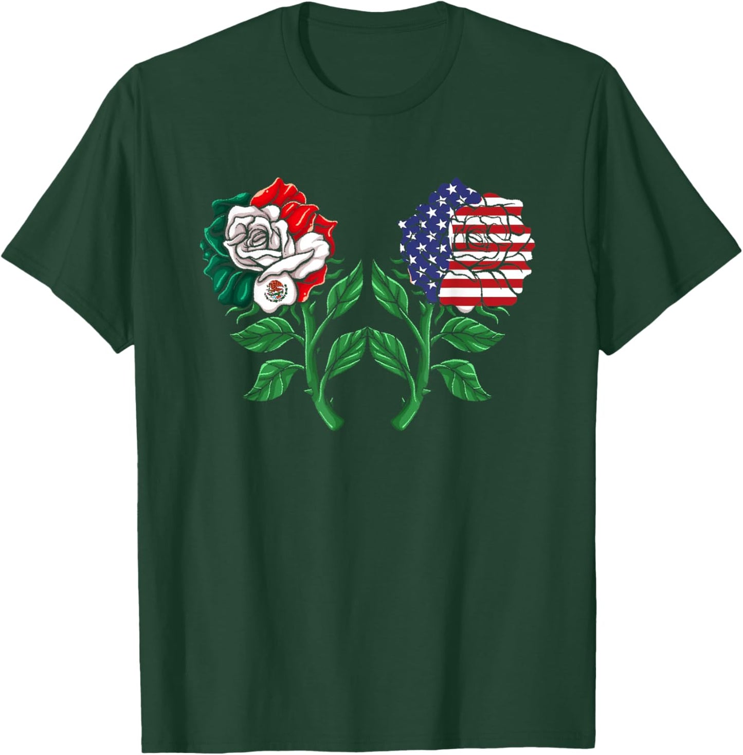 Mexico US Flag Mexican Flag American Flag Rose T-Shirt - T-Shirt | Forest