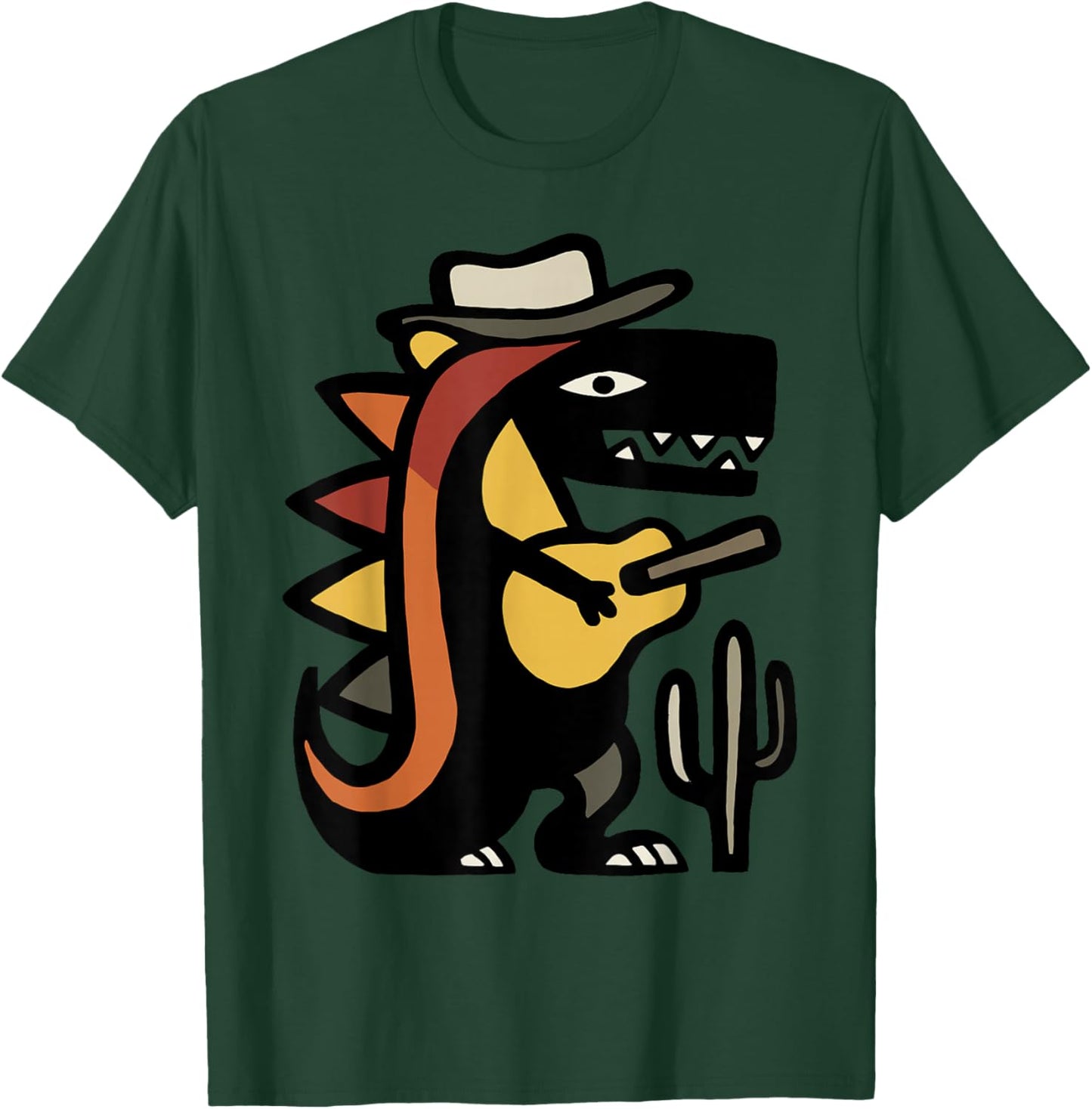 Western Dinosaur Playing Guitar Cartoon T-Shirt - T-Shirt | Forest