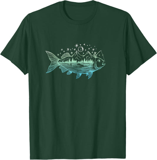 Cool Fish Shaped from Mountains Nature Scene Fishing T-Shirt - T-Shirt | Forest