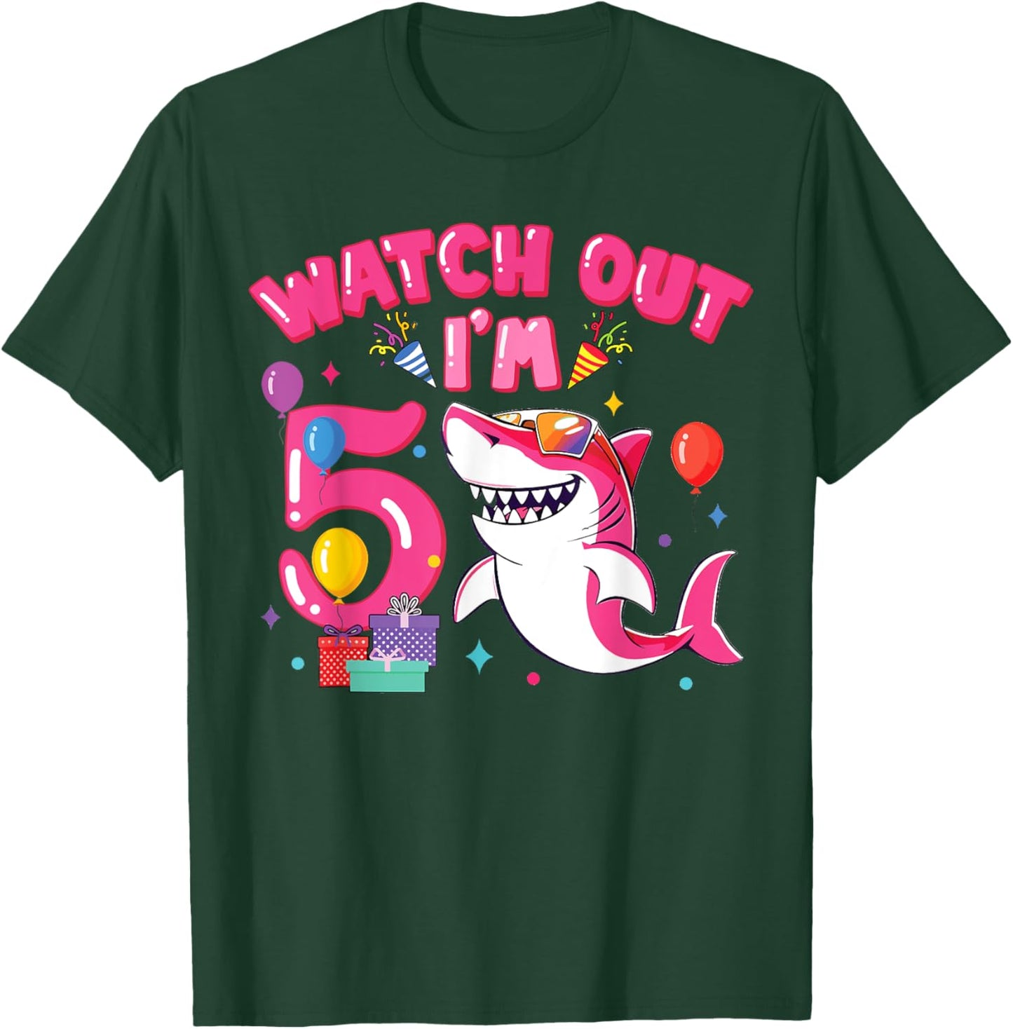 Watch Out I'm 5 Shark Sea Animal 5th Birthday Party Girls T-Shirt - T-Shirt | Forest