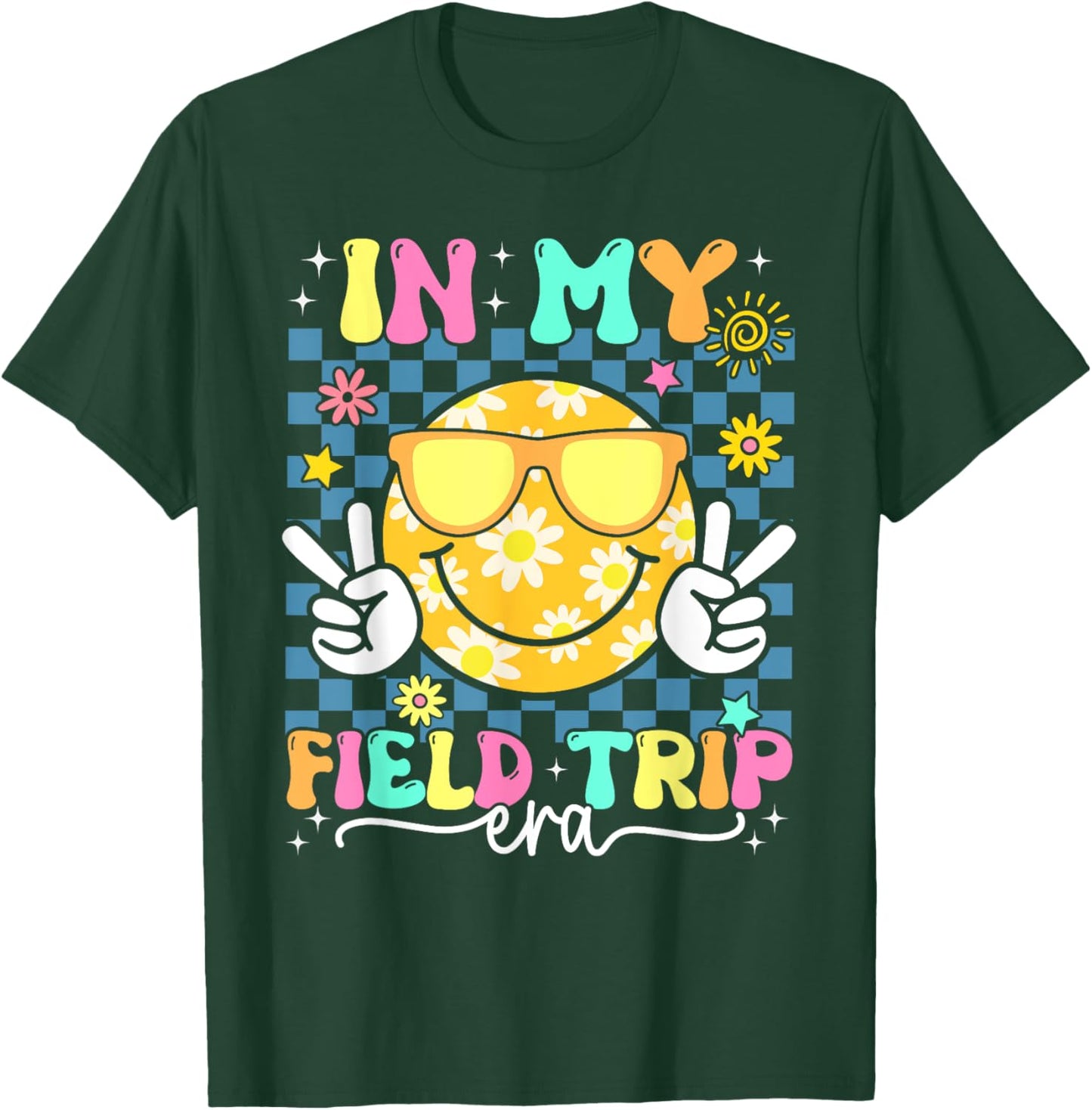 In My Field Trip Era Retro Groovy Smile Face Field Day 2025 T-Shirt - T-Shirt | Forest