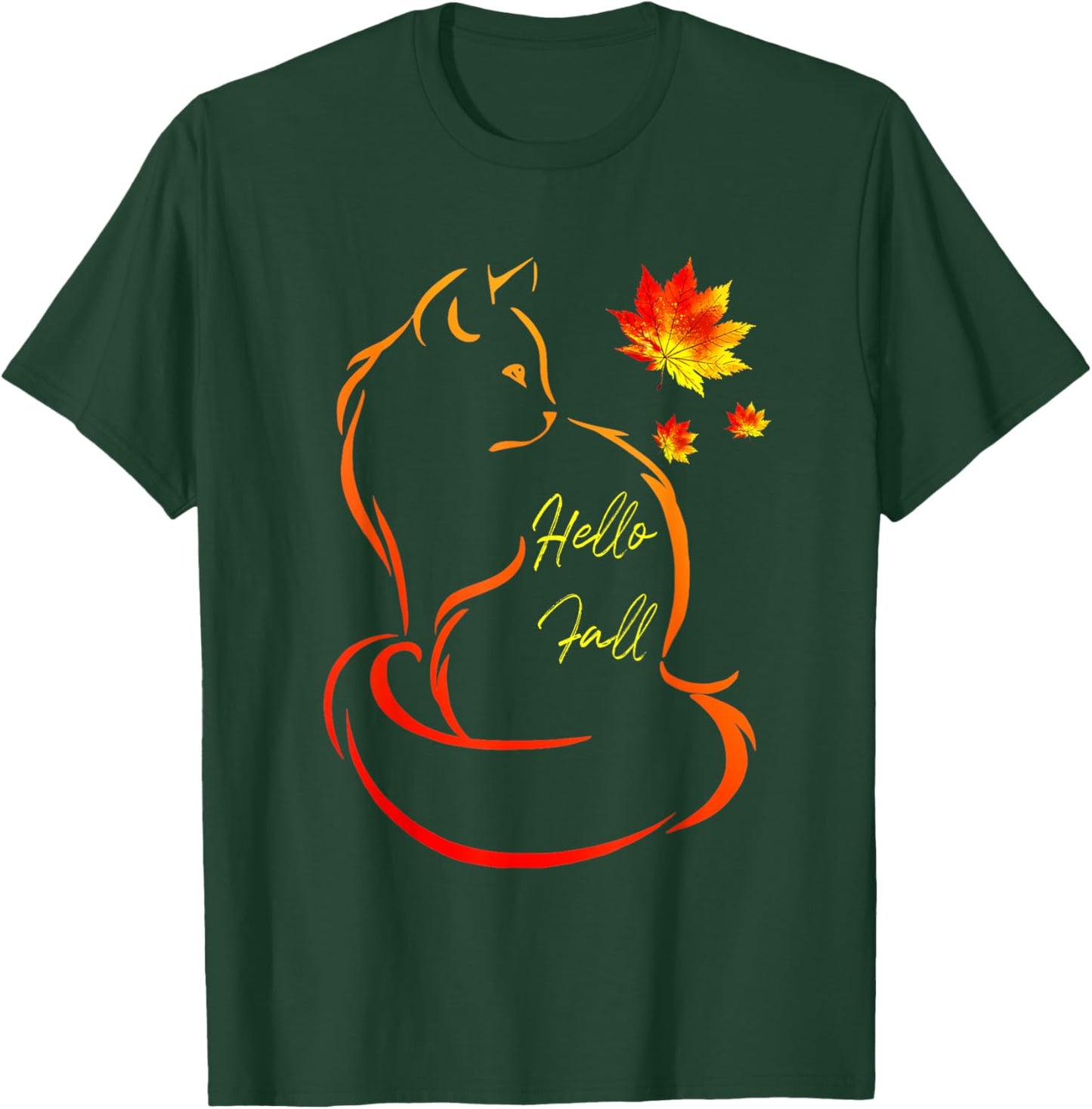Hello Fall Cat Shirt Cat Autumn Leaves Kitten Lover Women Kids T-Shirt - T-Shirt | Forest