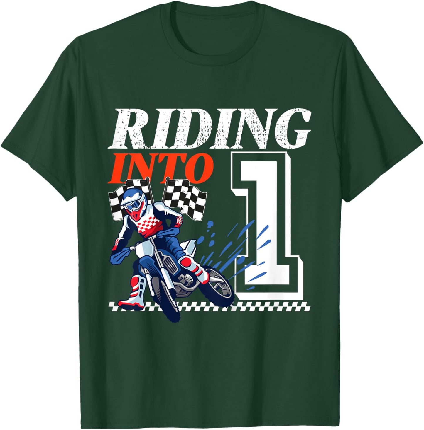 Kids Dirt Bike Riding into 1 Year Motocross 1st Birthday Party T-Shirt - T-Shirt | Forest