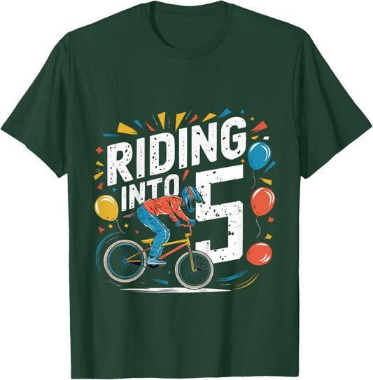 Kids Funny 5 Year 5th Birthday Old Three BMX Bike racing bicycle T-Shirt - T-Shirt | Forest