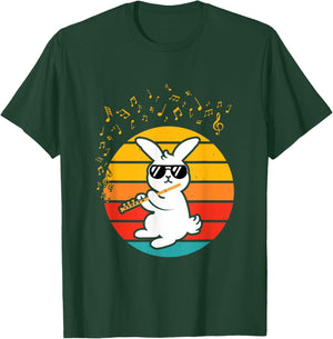 Cool Bunny with Flute - Music Lover Retro Rabbit Flute T-Shirt - T-Shirt | Forest