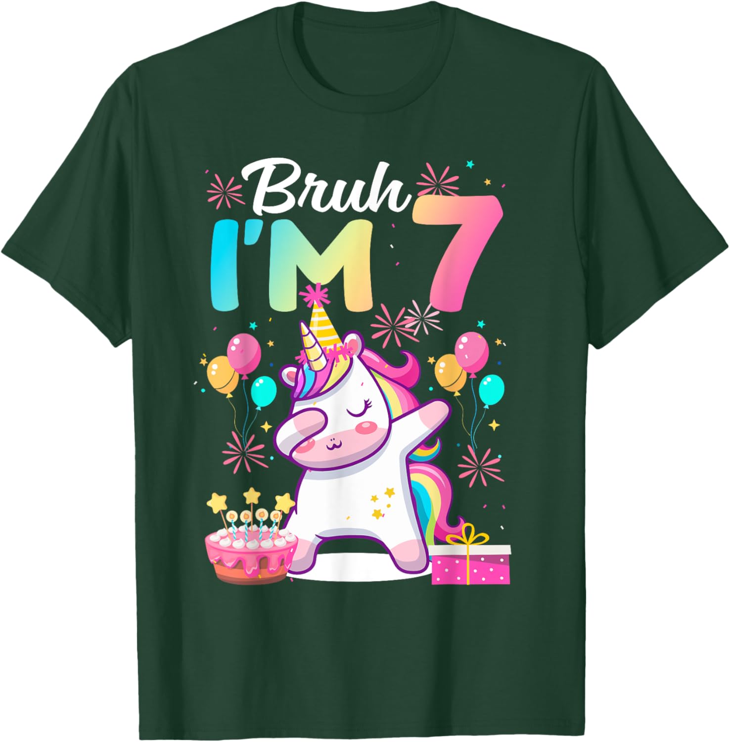 Bruh I'm 7 Years Old Girl 7th Birthday Dabbing Unicorn T-Shirt - T-Shirt | Forest