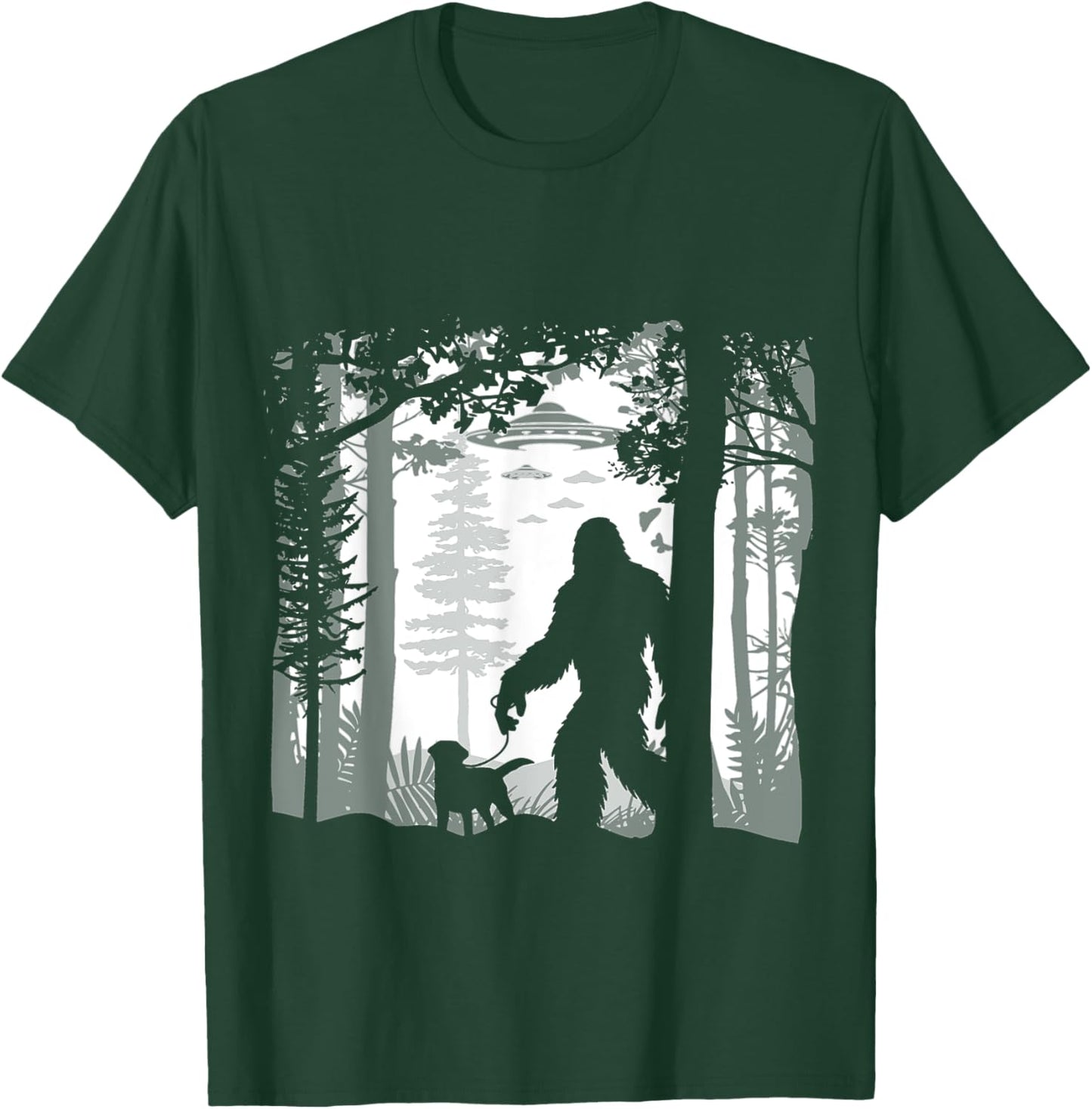 Funny Sasquatch Bigfoot Walking Dog In Woods With Alien Ufos T-Shirt - T-Shirt | Forest