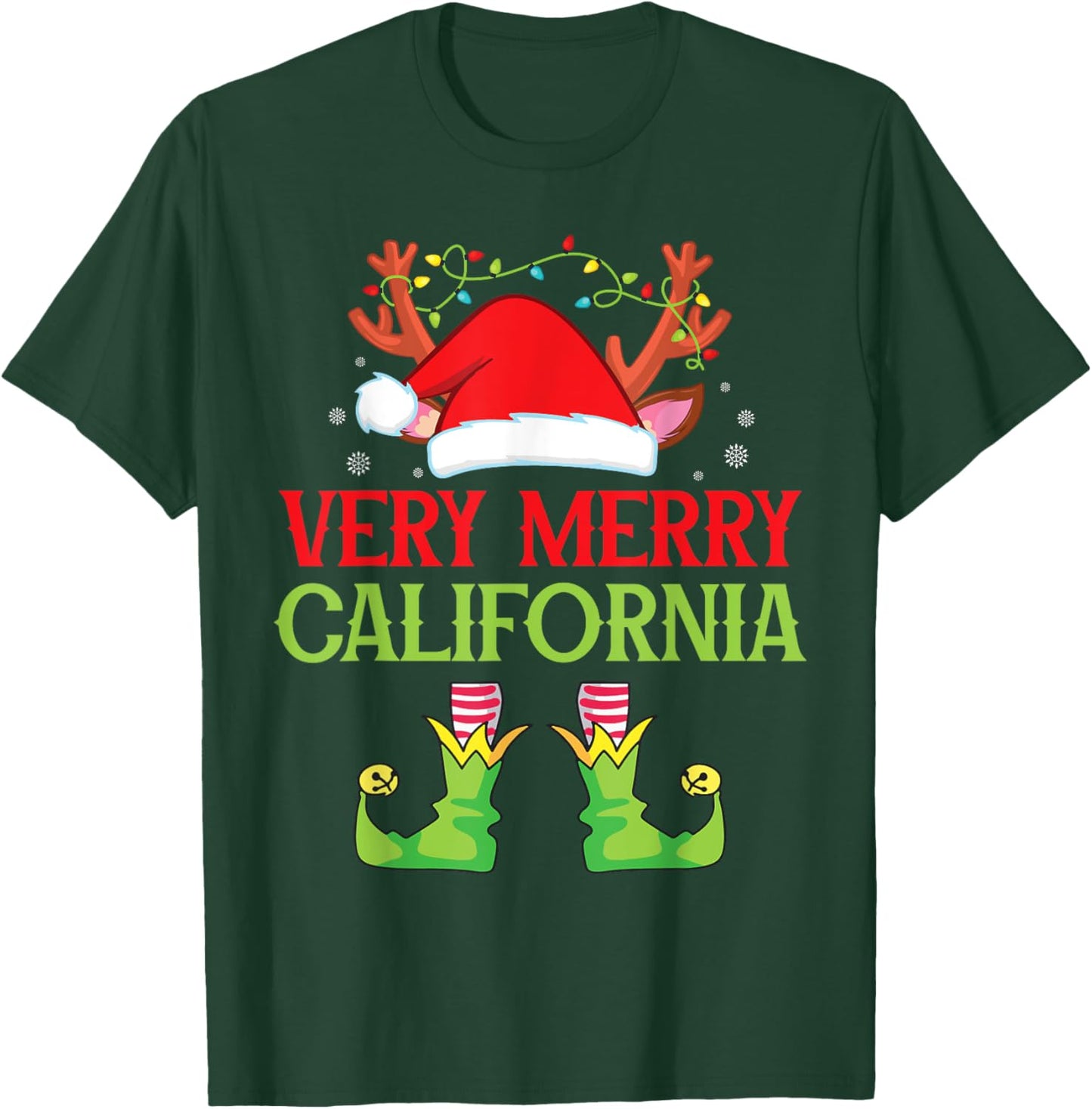 Festive Christmas Elf & Santa Claus Very Merry in CALIFORNIA T-Shirt - T-Shirt | Forest