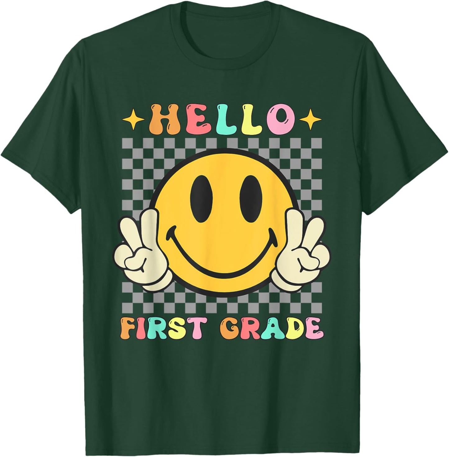 Retro Groovy 1st Grade Back to School Hello First Grade T-Shirt - T-Shirt | Forest
