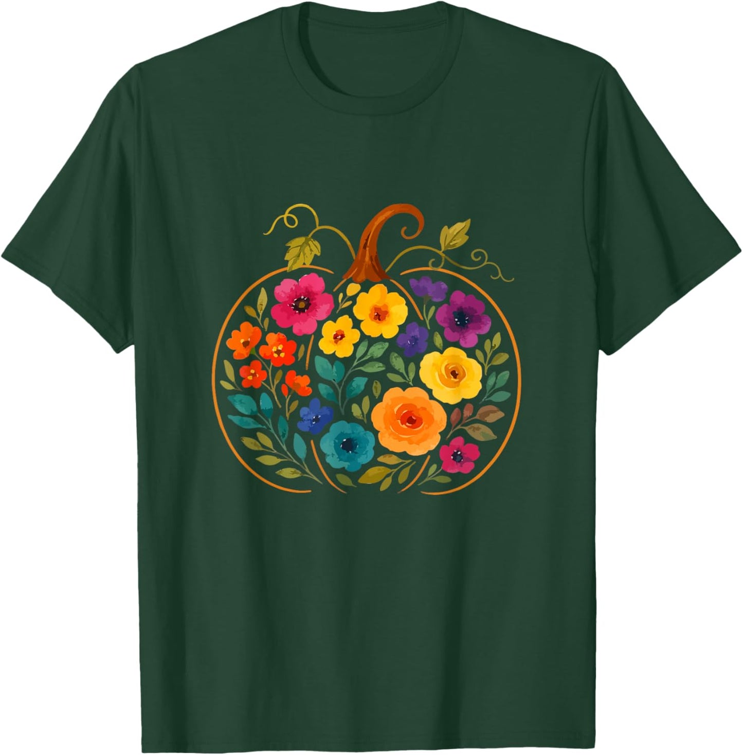 Colorful Flowers Pumpkin Shape Thanksgiving Farmer Farming T-Shirt - T-Shirt | Forest