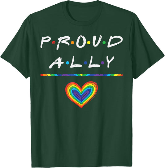 Proud Ally Rainbow Heart LGBTQ Gay Pride Flag Men Women Kids T-Shirt - T-Shirt | Forest