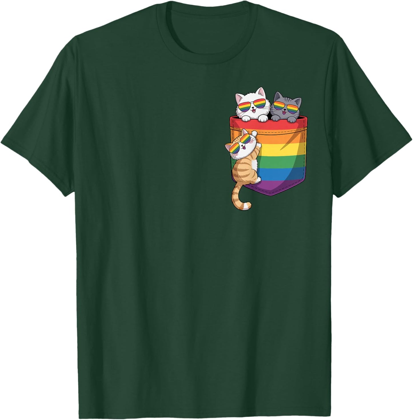 Funny Pocket Cute Cat Ally LGBT Gay Rainbow Flag Pride Month T-Shirt - T-Shirt | Forest