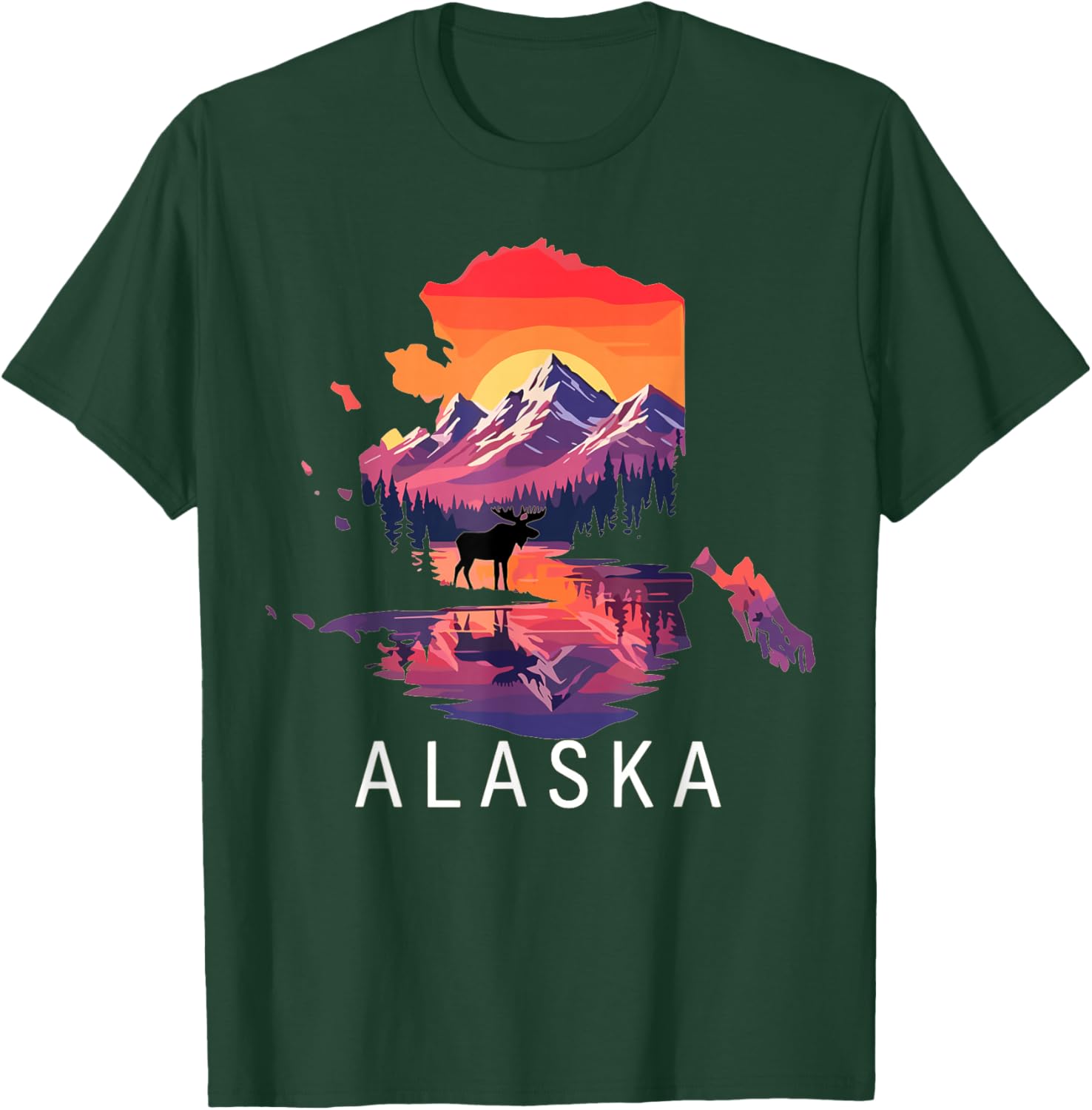 Alaska Mountain Sunset Landscape Nature Moose T-Shirt - T-Shirt | Forest