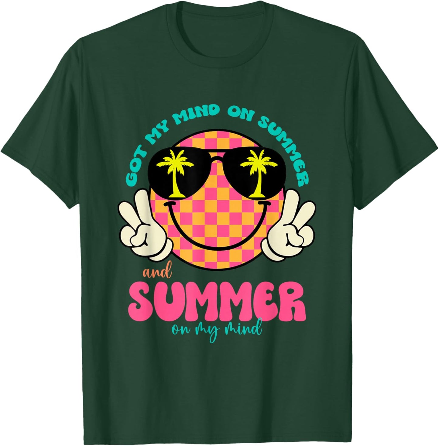 Groovy Happy Face Summer Vibes Got My Mind On Summer Teacher T-Shirt - T-Shirt | Forest