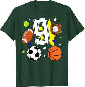 9th Birthday Sports Birthday Theme 9 Year Old Boy T-Shirt - T-Shirt | Forest