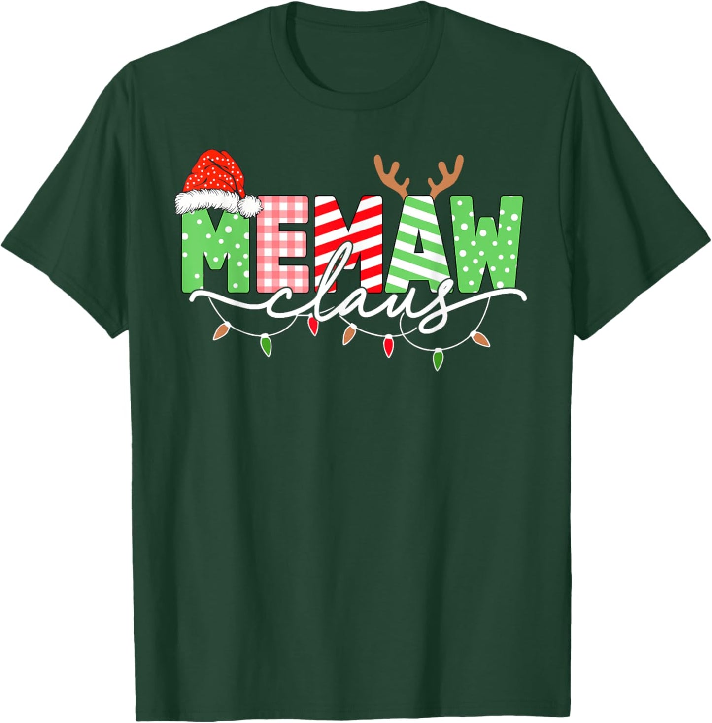 Memaw Claus Christmas Lights Santa Hat Family Matching T-Shirt - T-Shirt | Forest