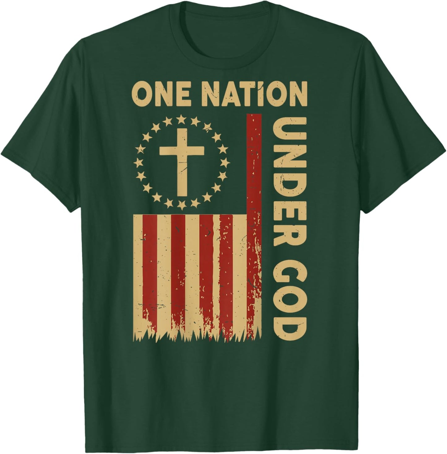 On-Back One Nation Under God American Flag Patriotic Cross T-Shirt - T-Shirt | Forest