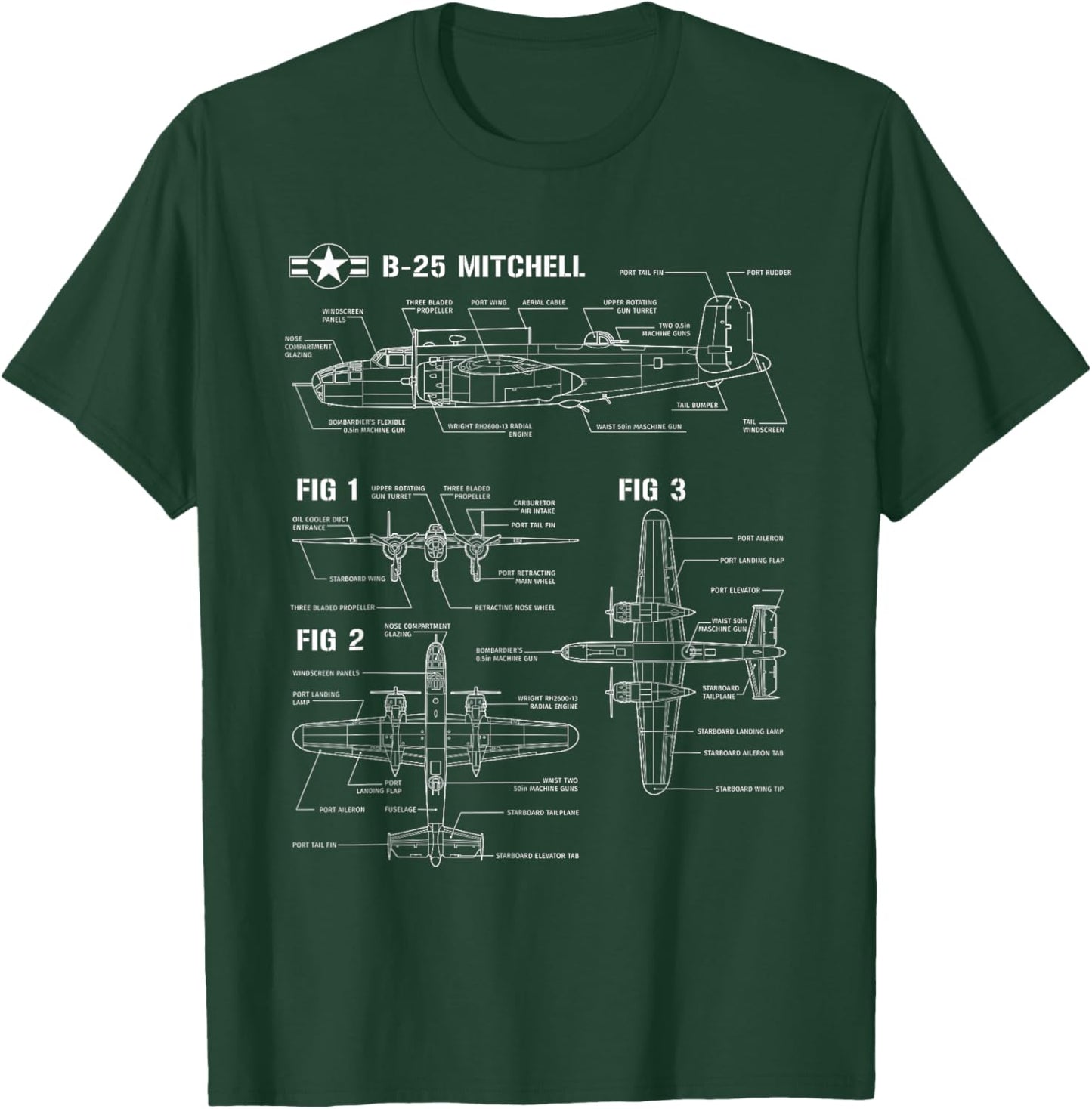 World War 2 American Aircraft B-25 Mitchell Bomber blueprint T-Shirt - T-Shirt | Forest
