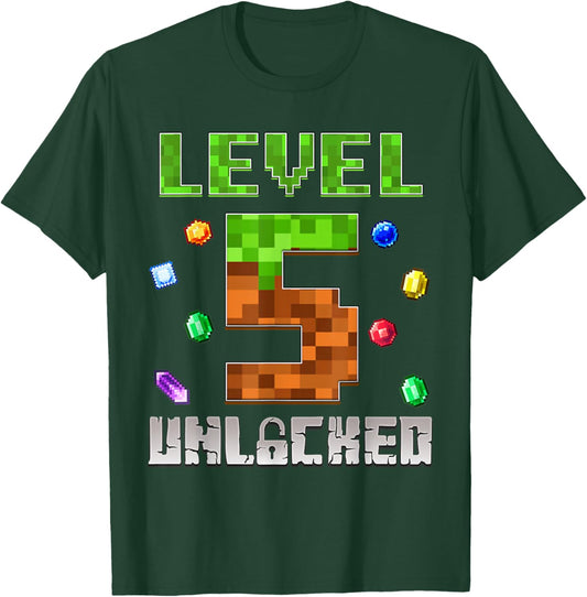 Birthday Boy Level 5 Unlocked 5th Birthday Game Pixel T-Shirt - T-Shirt | Forest