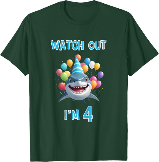 Shark Birthday Watch Out I'm 4 Years Old 4th Birthday T-Shirt - T-Shirt | Forest