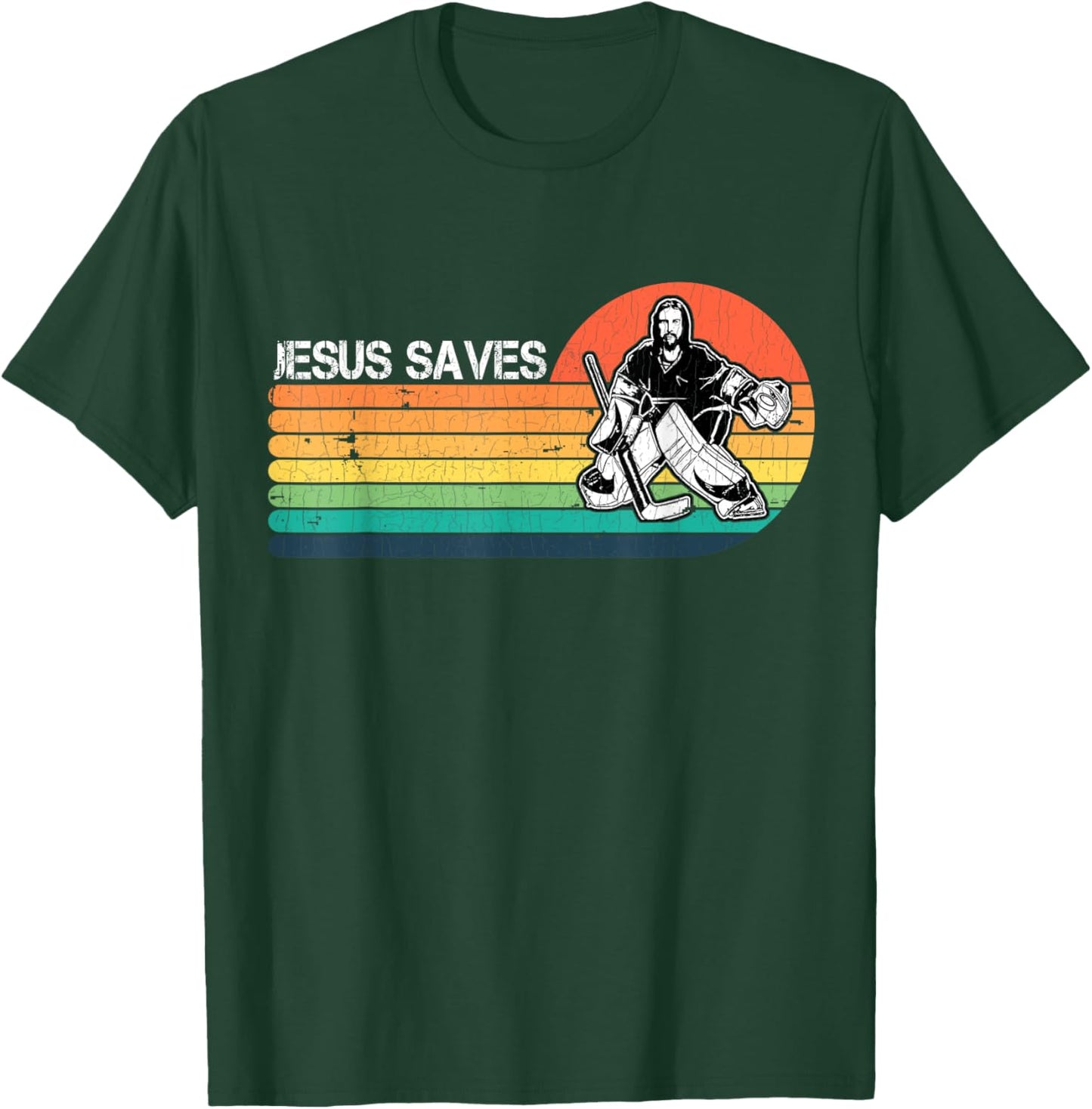 Vintage Retro Sunset Jesus Saves Hockey Player Jesus Lover T-Shirt - T-Shirt | Forest