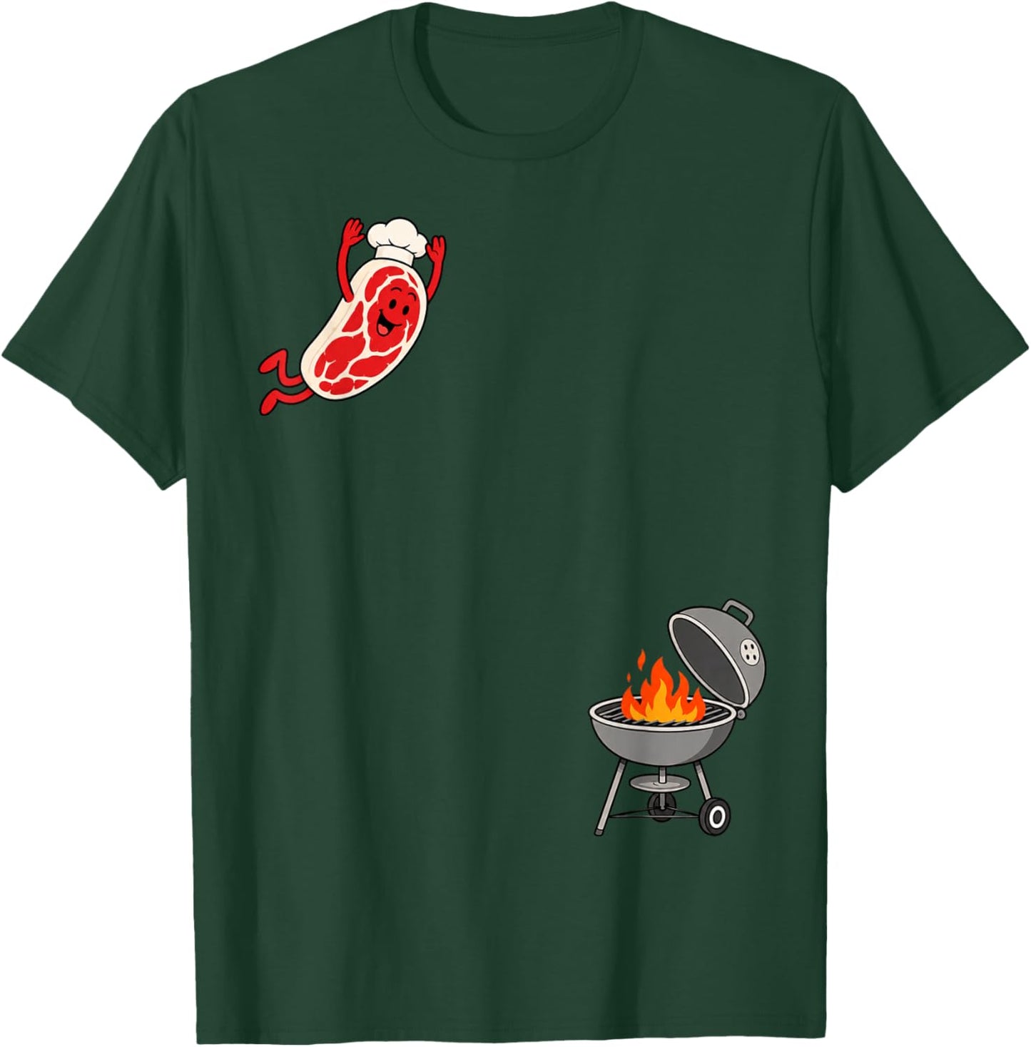 Funny Chef Steak Jumping Into BBQ Grill Cartoon T-Shirt - T-Shirt | Forest