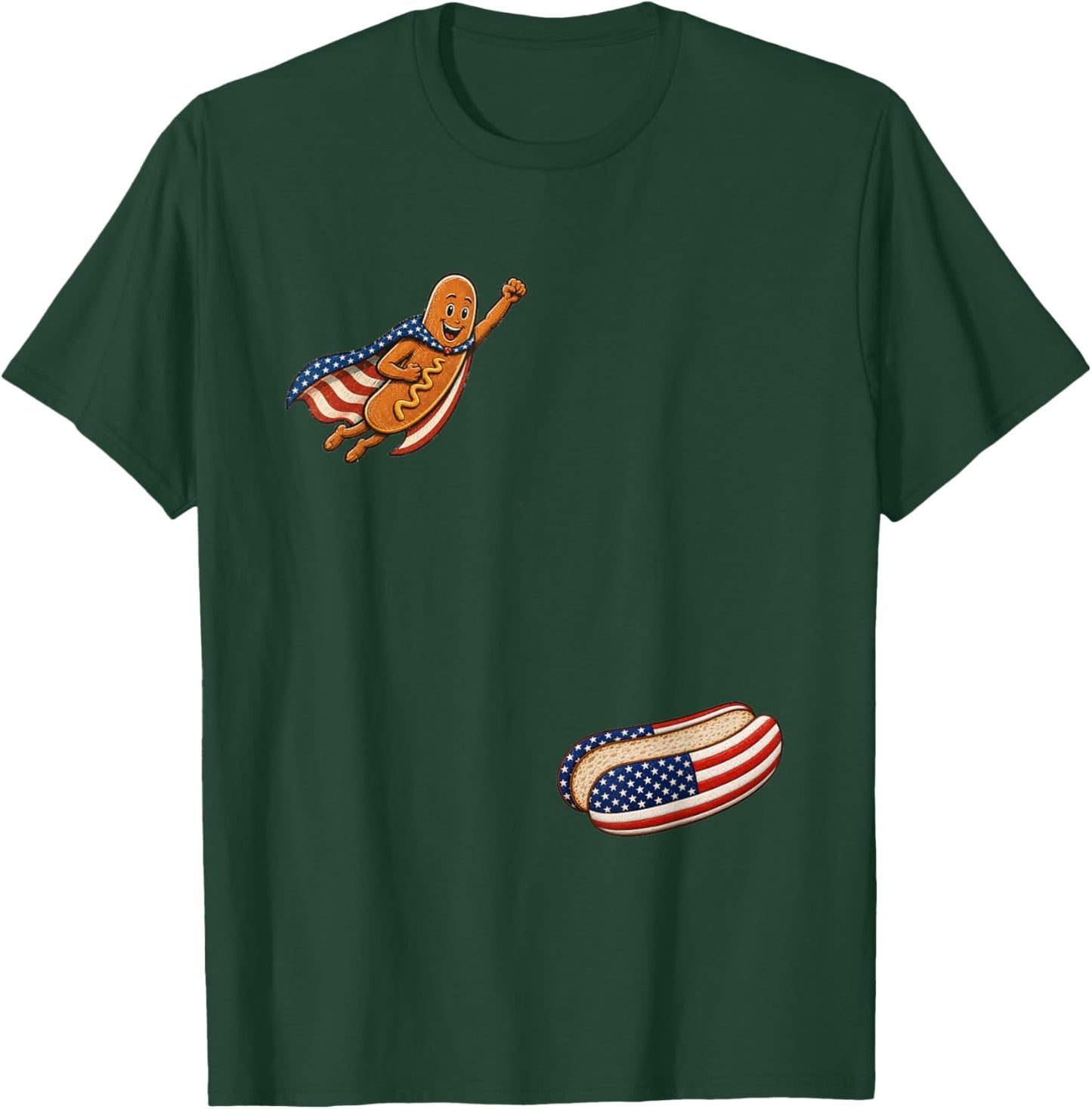 Funny 4th of July Patriotic Hot-Dog BBQ Flying into Bun 250 T-Shirt - T-Shirt | Forest