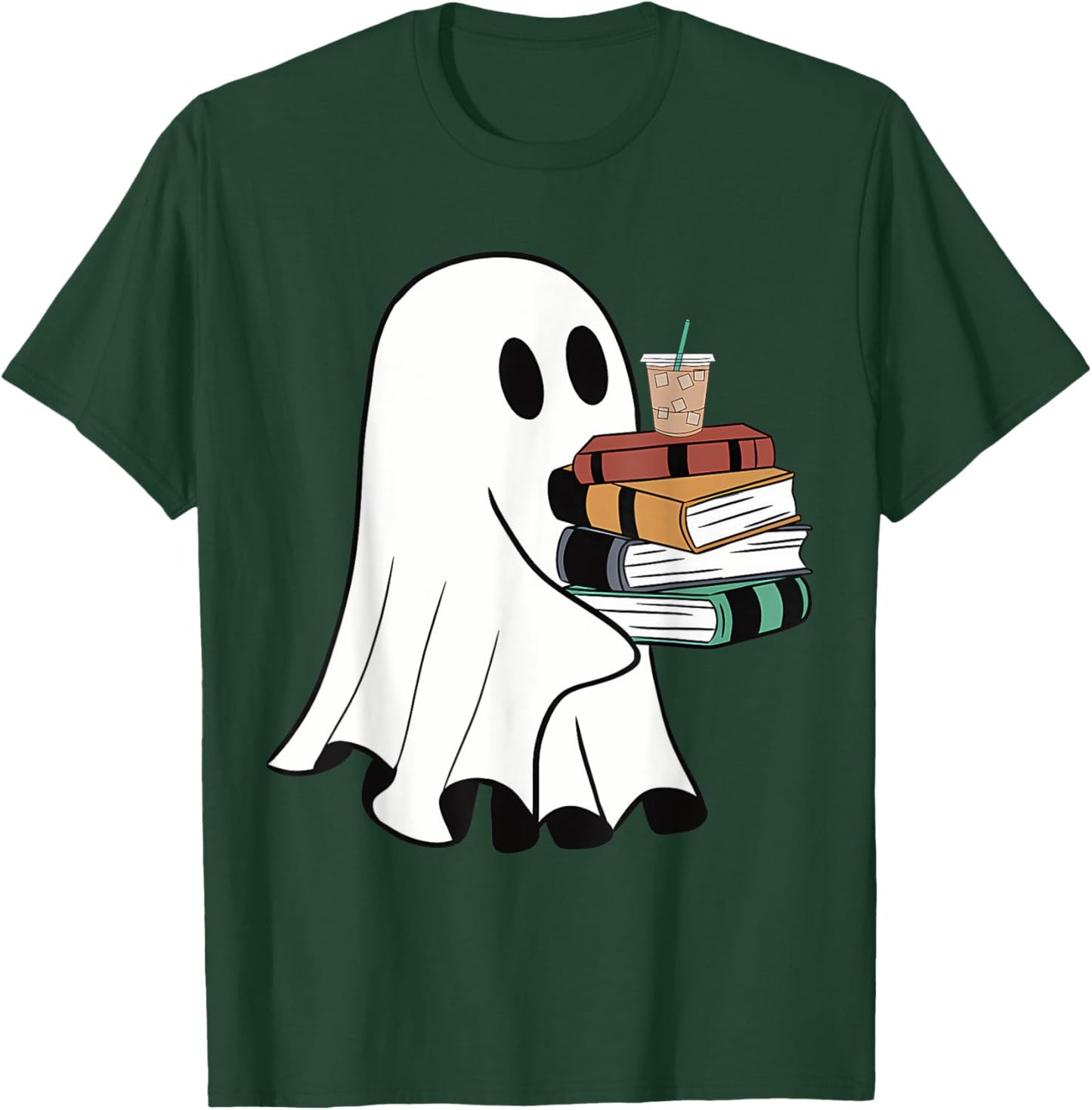Ghost With Books Coffee Halloween For Book Lover T-Shirt - T-Shirt | Forest