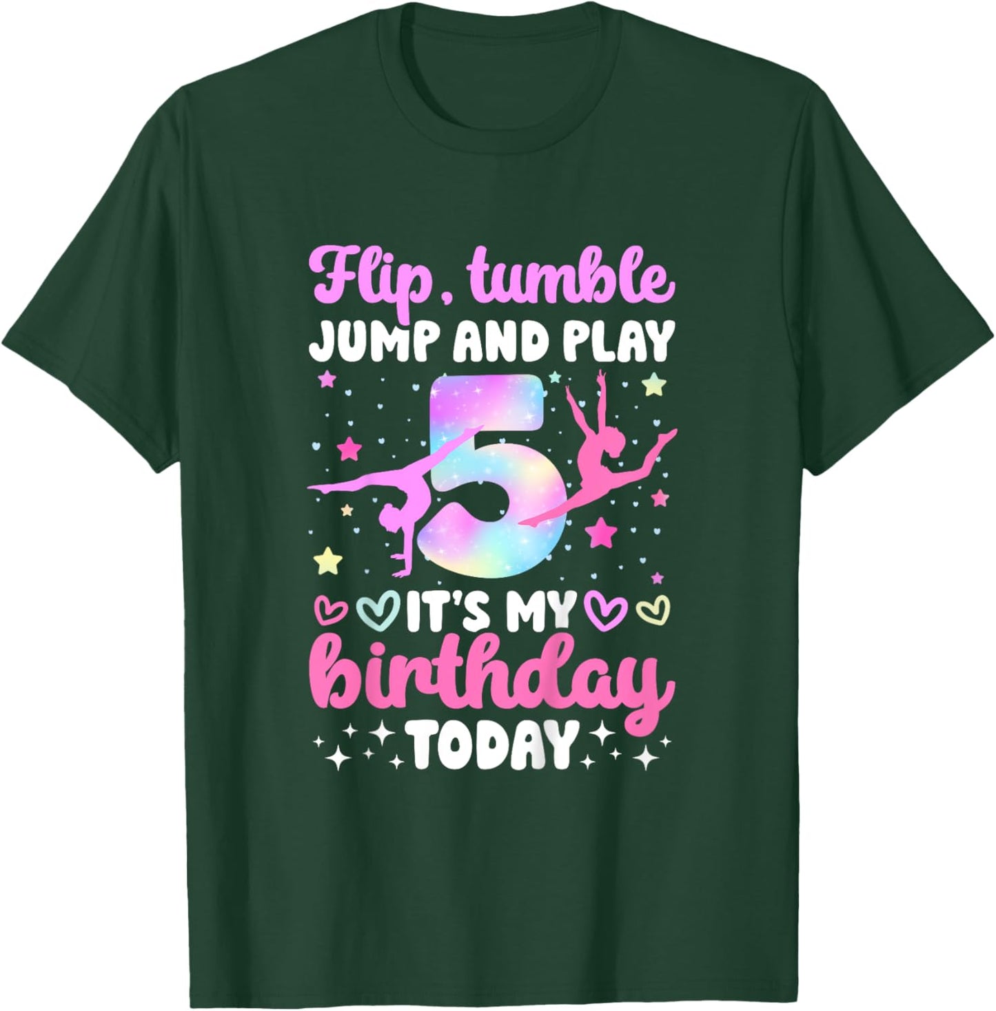 Kids 5th Gymnastics Birthday Party Five Year Old Gymnast Girl T-Shirt - T-Shirt | Forest