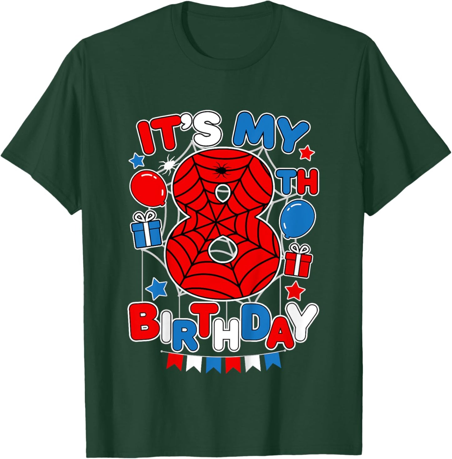 Kids It's My 8th Birthday Spider Theme Party 8 Year Old Boys Kids T-Shirt - T-Shirt | Forest