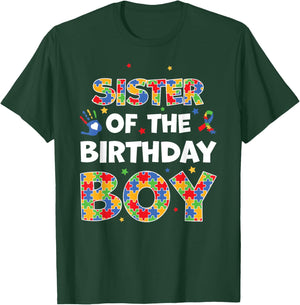 Sister Of The Birthday Boy Autism Awareness Puzzle Piece T-Shirt - T-Shirt | Forest