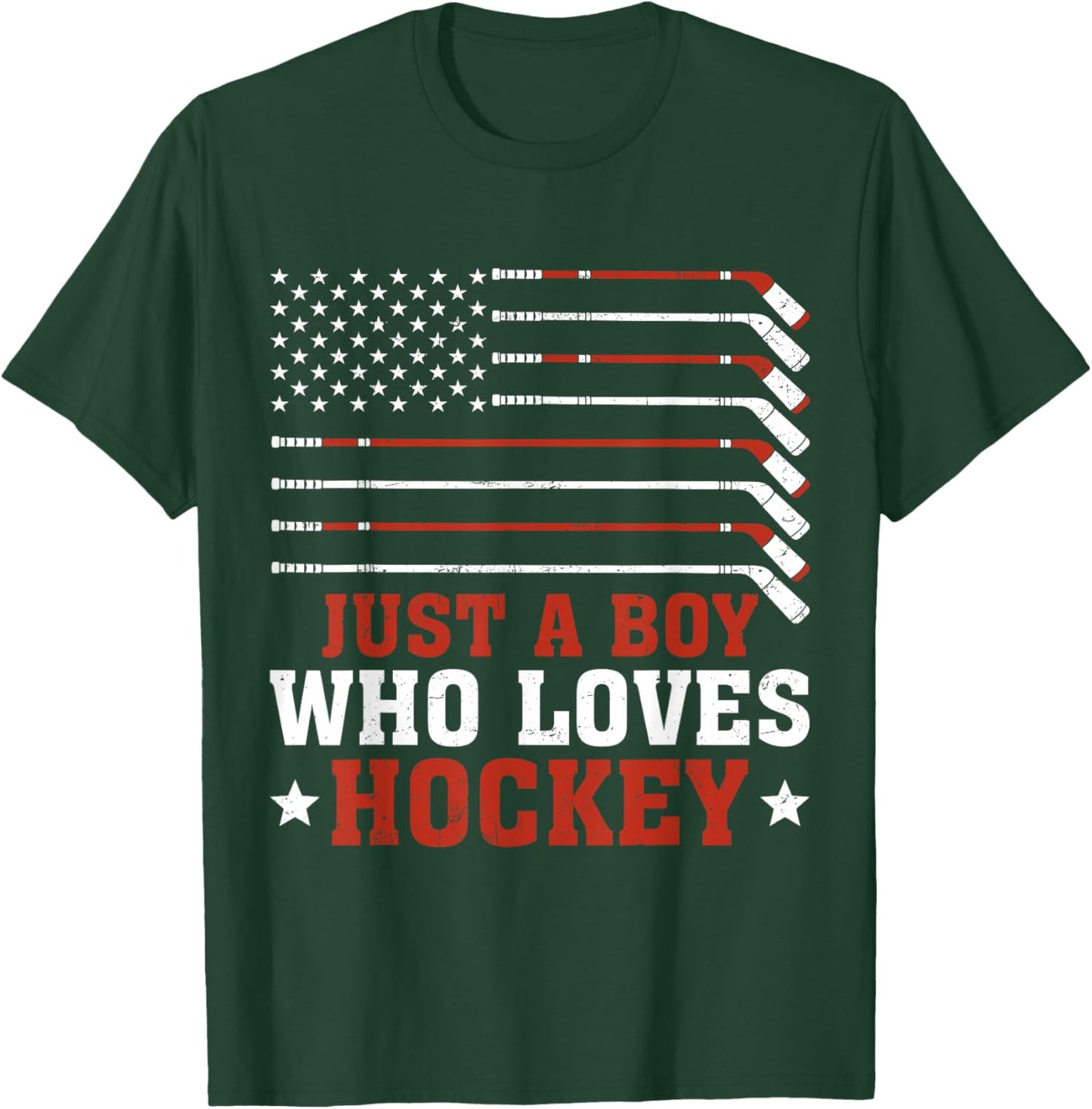 Just A Boy Who Loves Hockey USA Flag Vintage Ice Hockey T-Shirt - T-Shirt | Forest