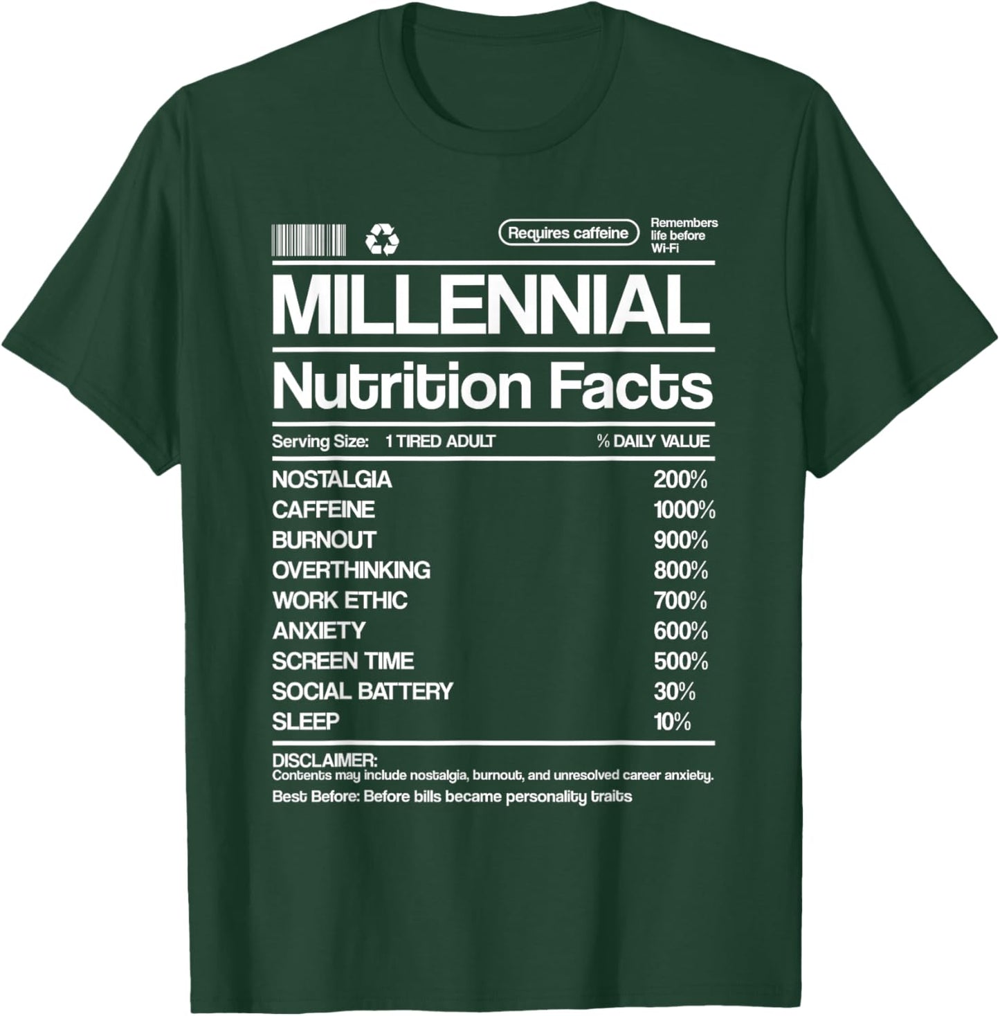 Millennial Nutrient Facts Humor Label Retro Parody T-Shirt - T-Shirt | Forest