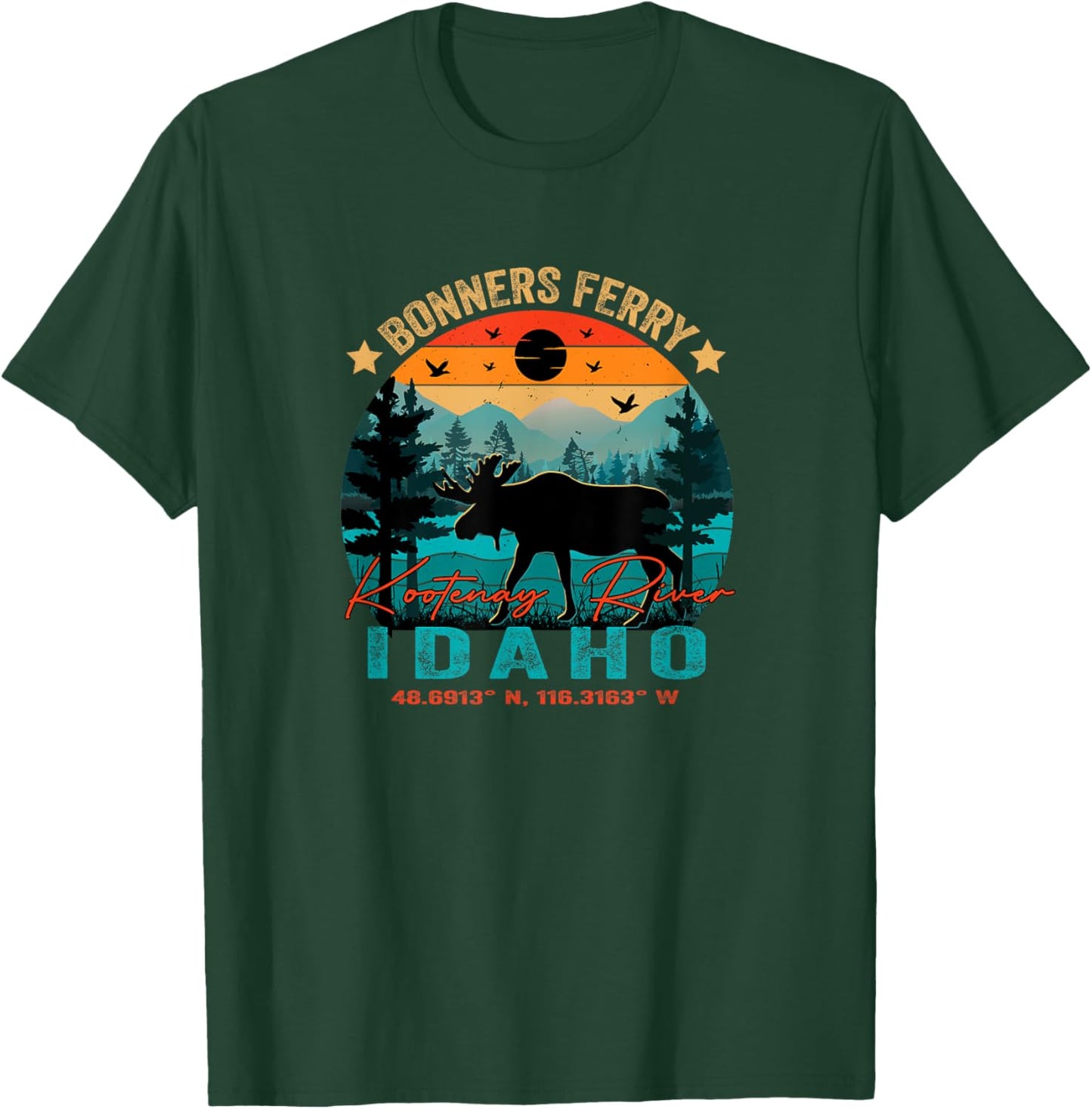 Bonners Ferry Idaho ID Retro Sunset Vintage Moose Mountains T-Shirt - T-Shirt | Forest