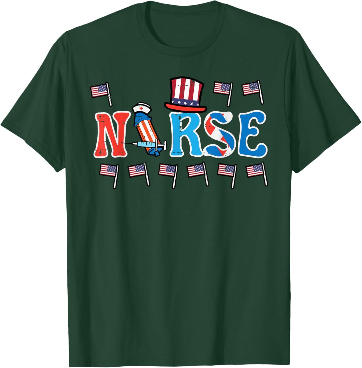 4th Of July Nurse US Flags Patriotic Scrub Top Women Men T-Shirt - T-Shirt | Forest