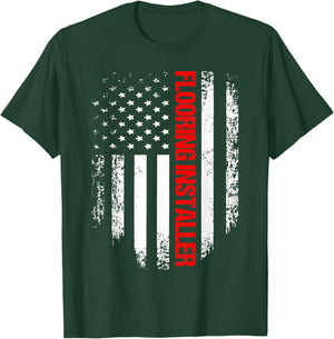 Flooring Installer USA Flag Contractor Installing T-Shirt - T-Shirt | Forest