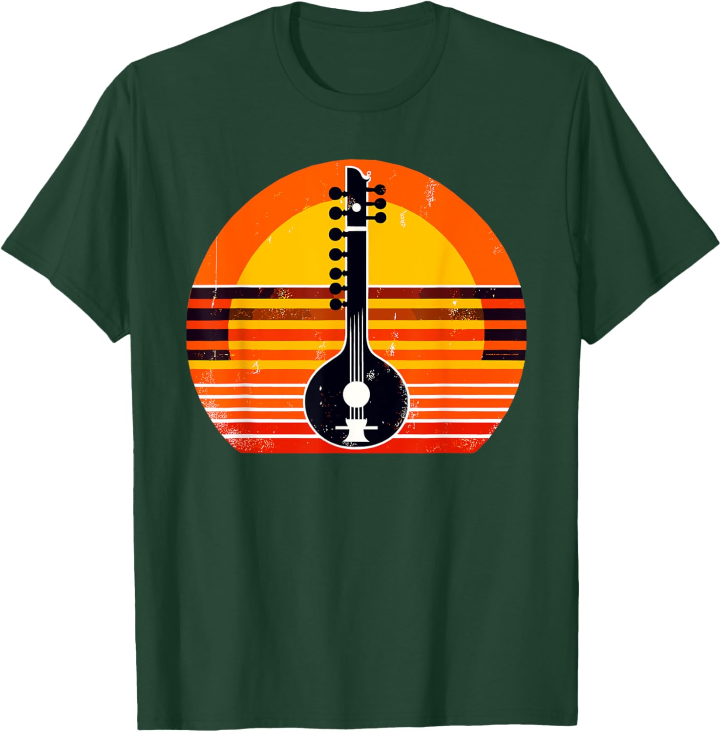 Retro Sunset Sitar Instrument Sitarist T-Shirt - T-Shirt | Forest