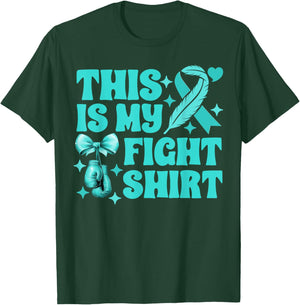 Ovarian Cancer This Is My Fight Boxing Gloves Teal Ribbon T-Shirt - T-Shirt | Forest