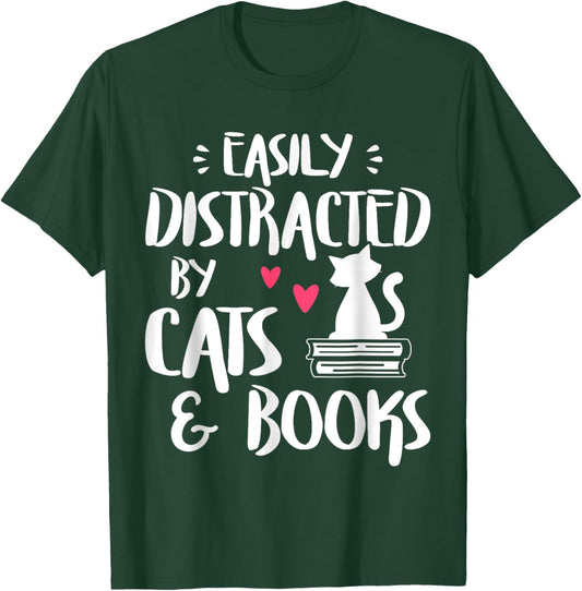 Easily Distracted by Cats and Books - Cat & Book Lover Women Kids T-Shirt - T-Shirt | Forest
