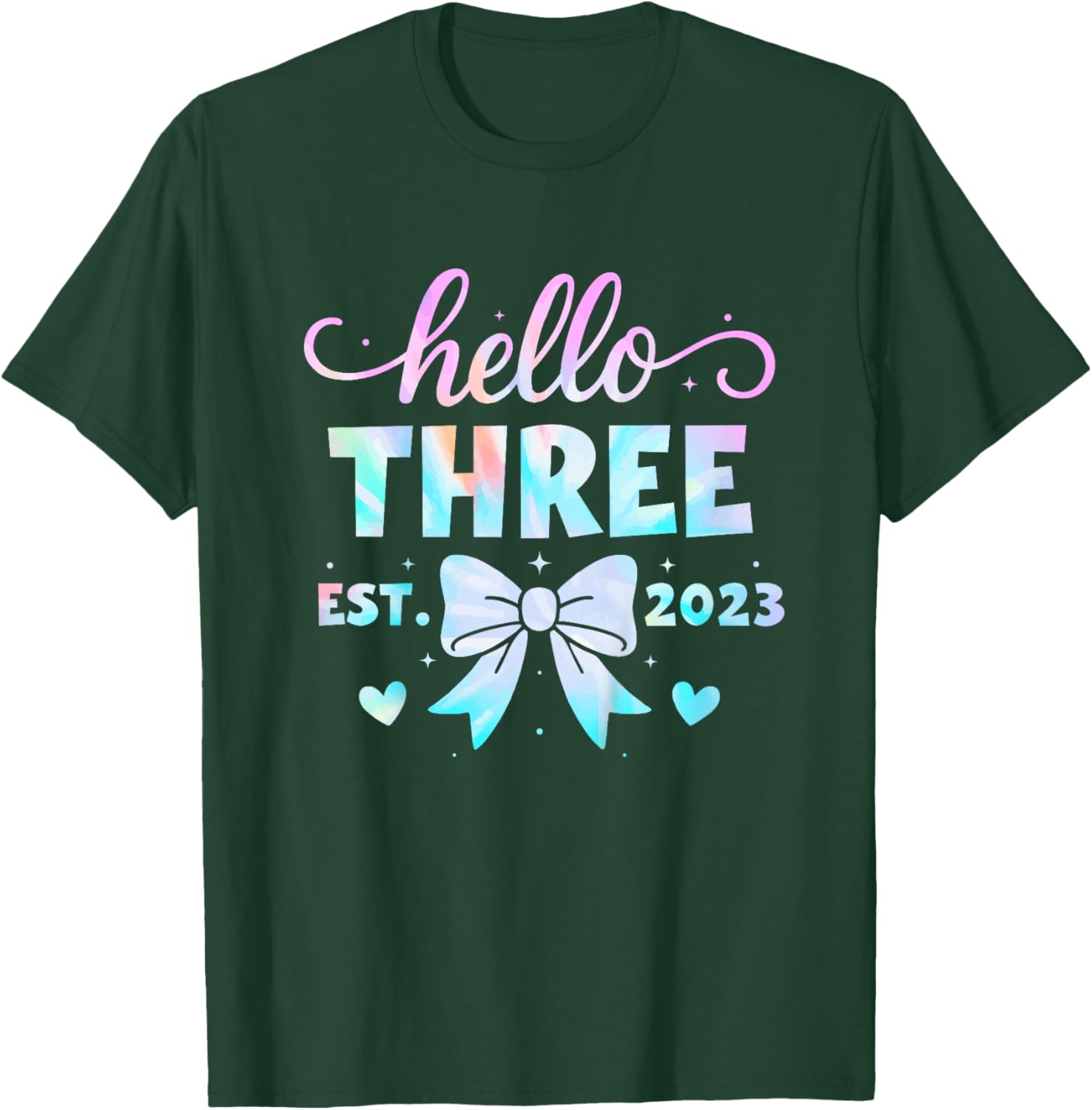Kids Hello Three Coquette Bow 3rd Birthday Girl, 3 Year Old Kids T-Shirt - T-Shirt | Forest