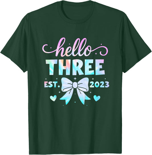 Kids Hello Three Coquette Bow 3rd Birthday Girl, 3 Year Old Kids T-Shirt - T-Shirt | Forest